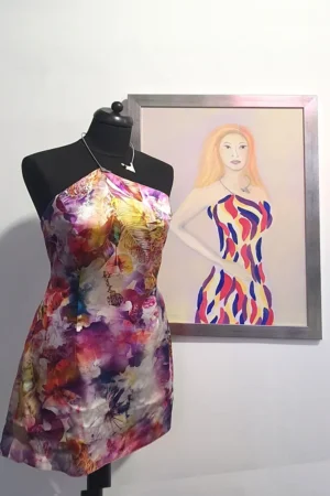 ilk dress inspired by oil painting, merging fashion with contemporary art.