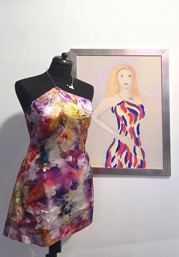 ilk dress inspired by oil painting, merging fashion with contemporary art.
