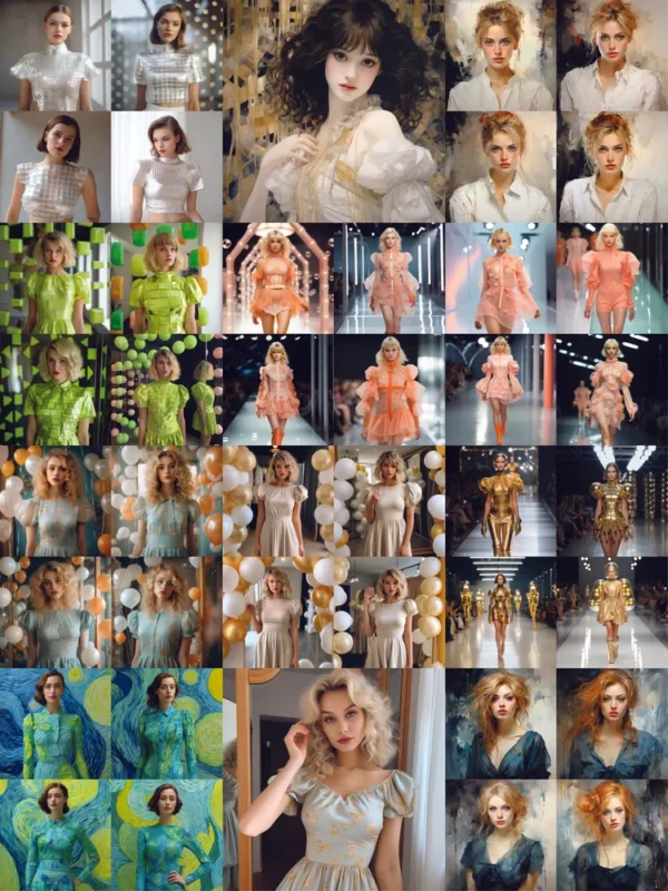 AI Collage Nr01 by Adele Frank – a fashion-inspired digital artwork featuring a grid of surreal runway scenes, painterly female portraits, balloon-filled photo settings, and Van Gogh-style reinterpretations in a vibrant, mixed-media style.