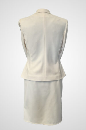 Back of Argentum Signatum ecru tailored skirt suit by Adele Frank.