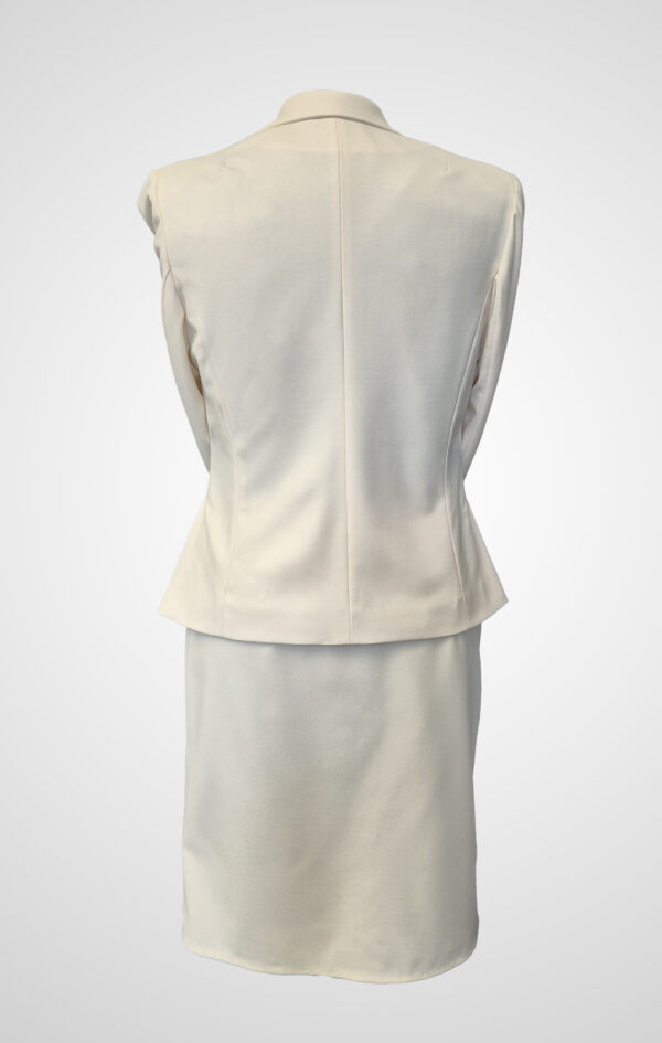 Back of Argentum Signatum ecru tailored skirt suit by Adele Frank.