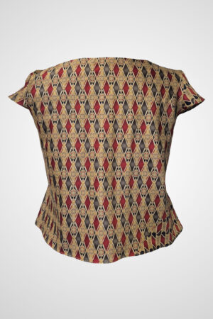 Astrum Sericum pure silk top with asymmetric gold, burgundy, and black geometric print.