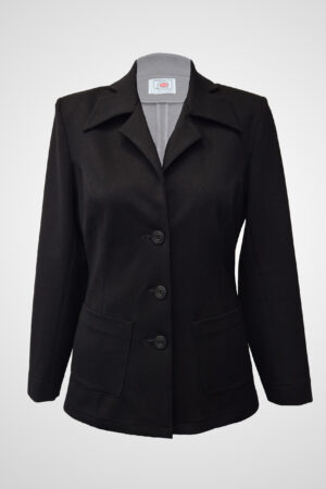 Atramentum tailored pantsuit in black, showcasing its form-fitting silhouette, princess seams, and open lapel for a structured, elegant look.