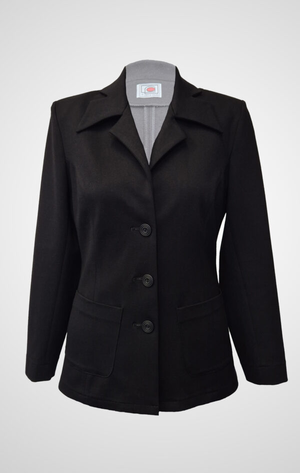 Atramentum tailored pantsuit in black, showcasing its form-fitting silhouette, princess seams, and open lapel for a structured, elegant look.