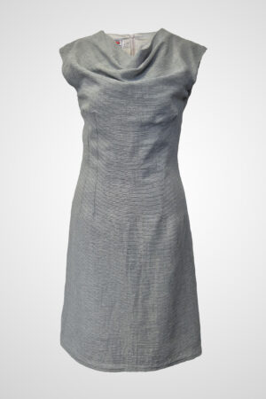 Front view of the Aurora Aurea draped dress, emphasizing the sculpted silhouette and draped neckline.