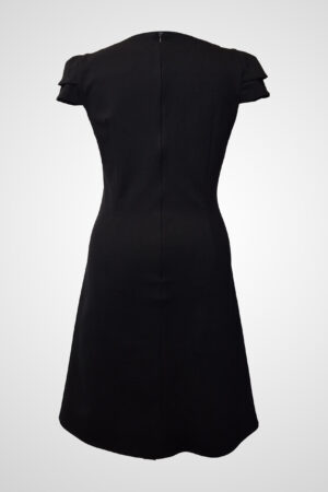 Eclipsa Sidera black dress with Empire era inspired double pleated sleeves and a streamlined silhouette.