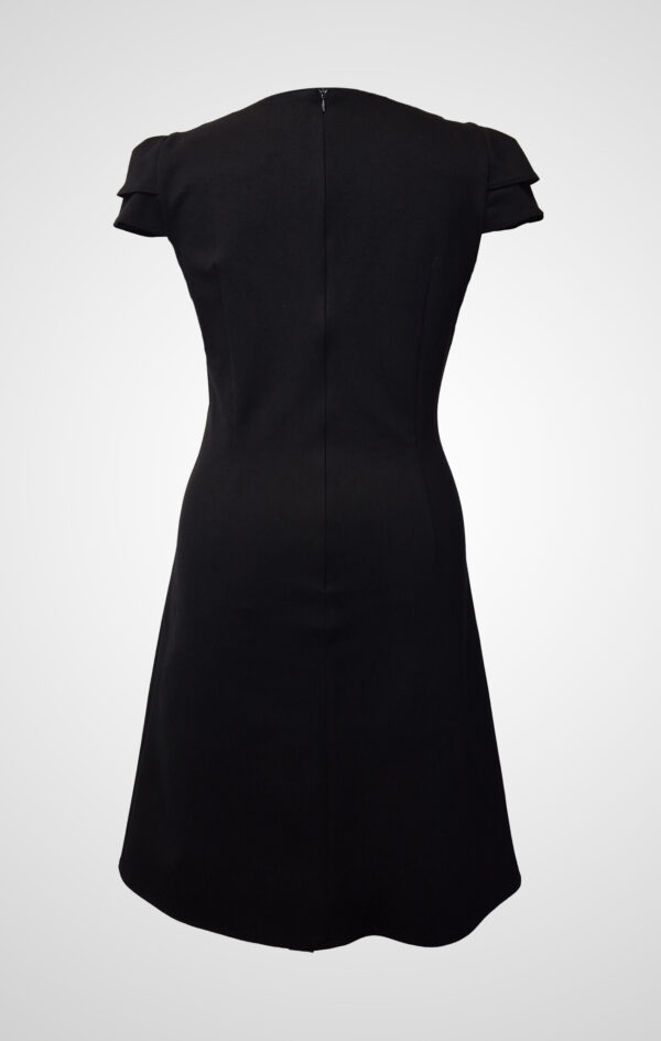 Eclipsa Sidera black dress with Empire era inspired double pleated sleeves and a streamlined silhouette.