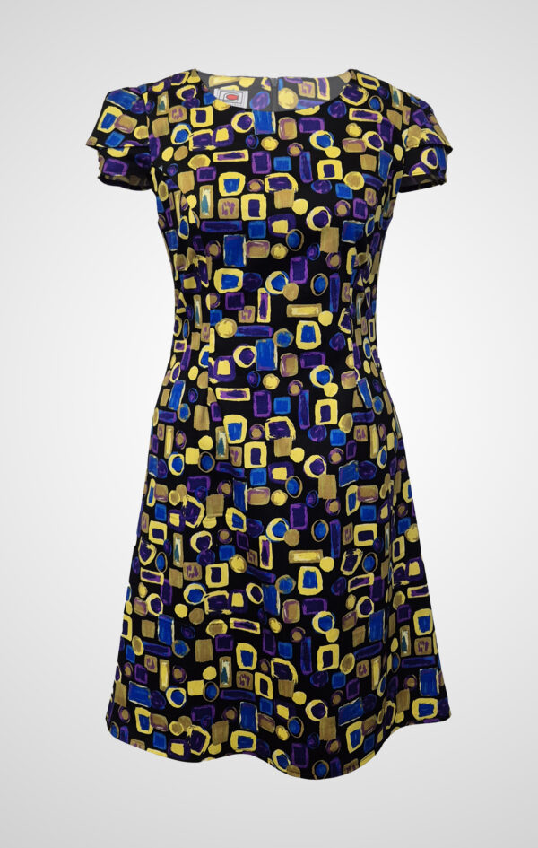 Front view of the Flos Umbrae Pleated Sleeve Dress displayed on mannequin, highlighting its elegant silhouette.