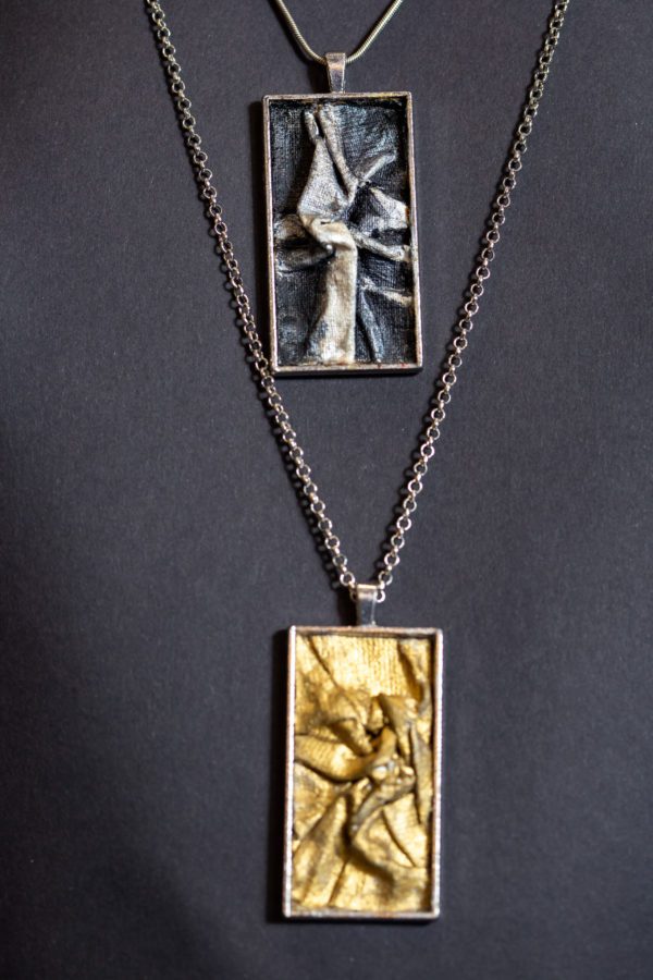 3 D effect pendant from canvas and oil technique with silver necklace