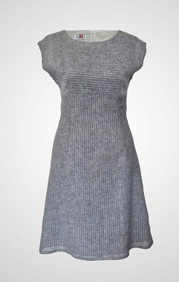 Luna Alba empire silhouette dress in pure linen, soft grey and white stripes, designed by Adele Frank.