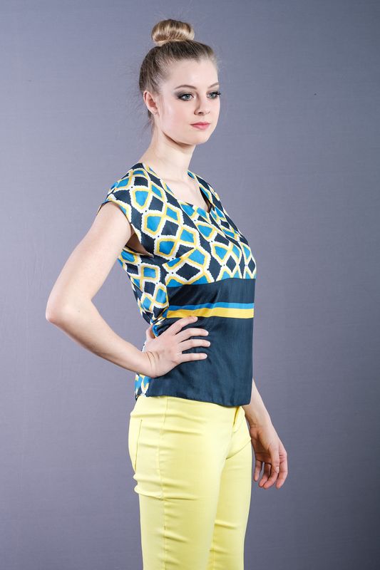 Crossed striped navy-yellow pure silk top