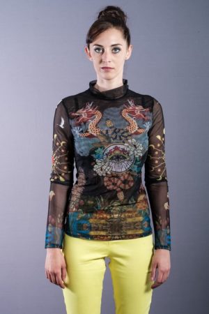 Tulle top with colorful dragon pattern