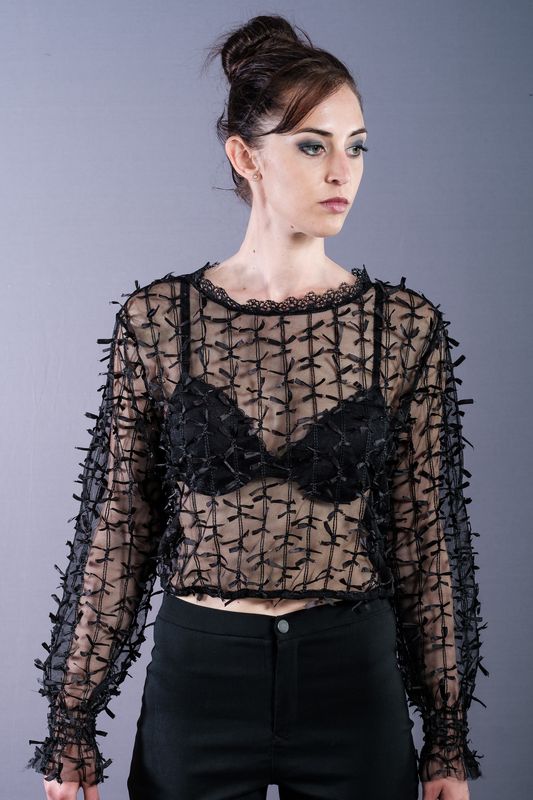 Cropped tulle top with tiny bows as embroidery
