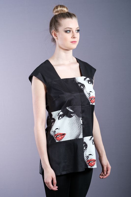 Graphic patterned silk top