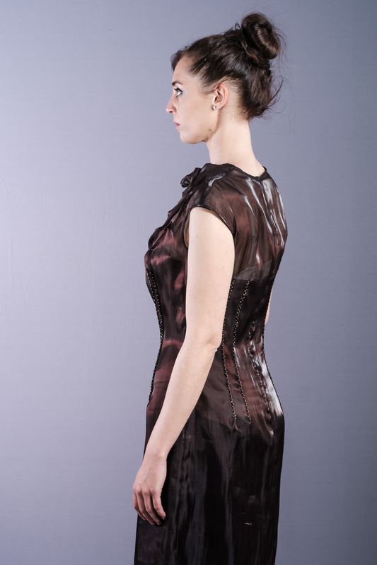 Dark chocholate brown colored dress with beaded neckline