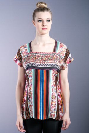 Colorful striped silk top with square neckline