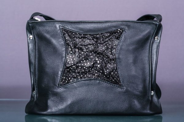 Glittering effect silver dotted small leather bag