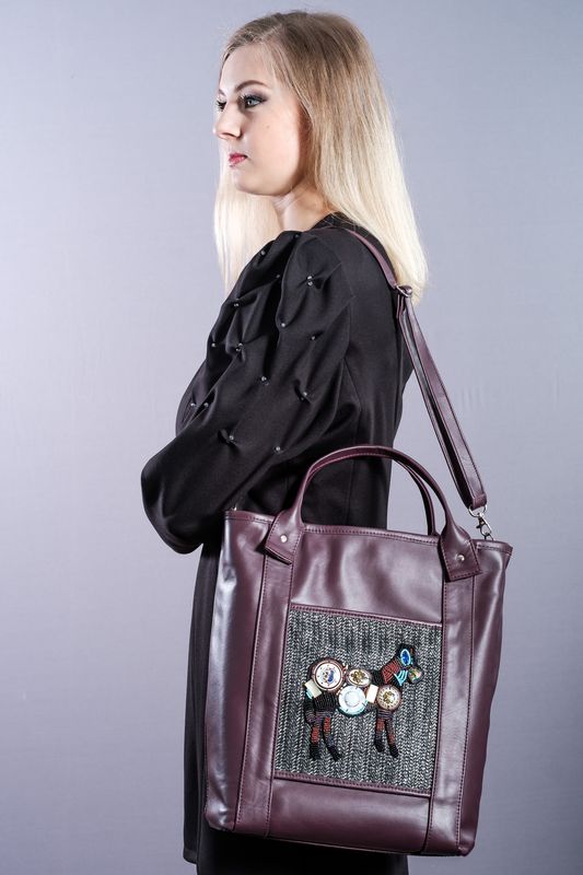Big purple leather tote bag