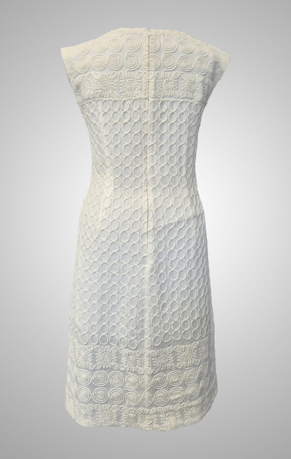 Ecru Velum Antiquum textured dress dress with sculptural threadwork from the back