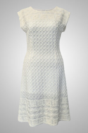 Ecru Velum Antiquum textured dress dress with sculptural threadwork from the front.